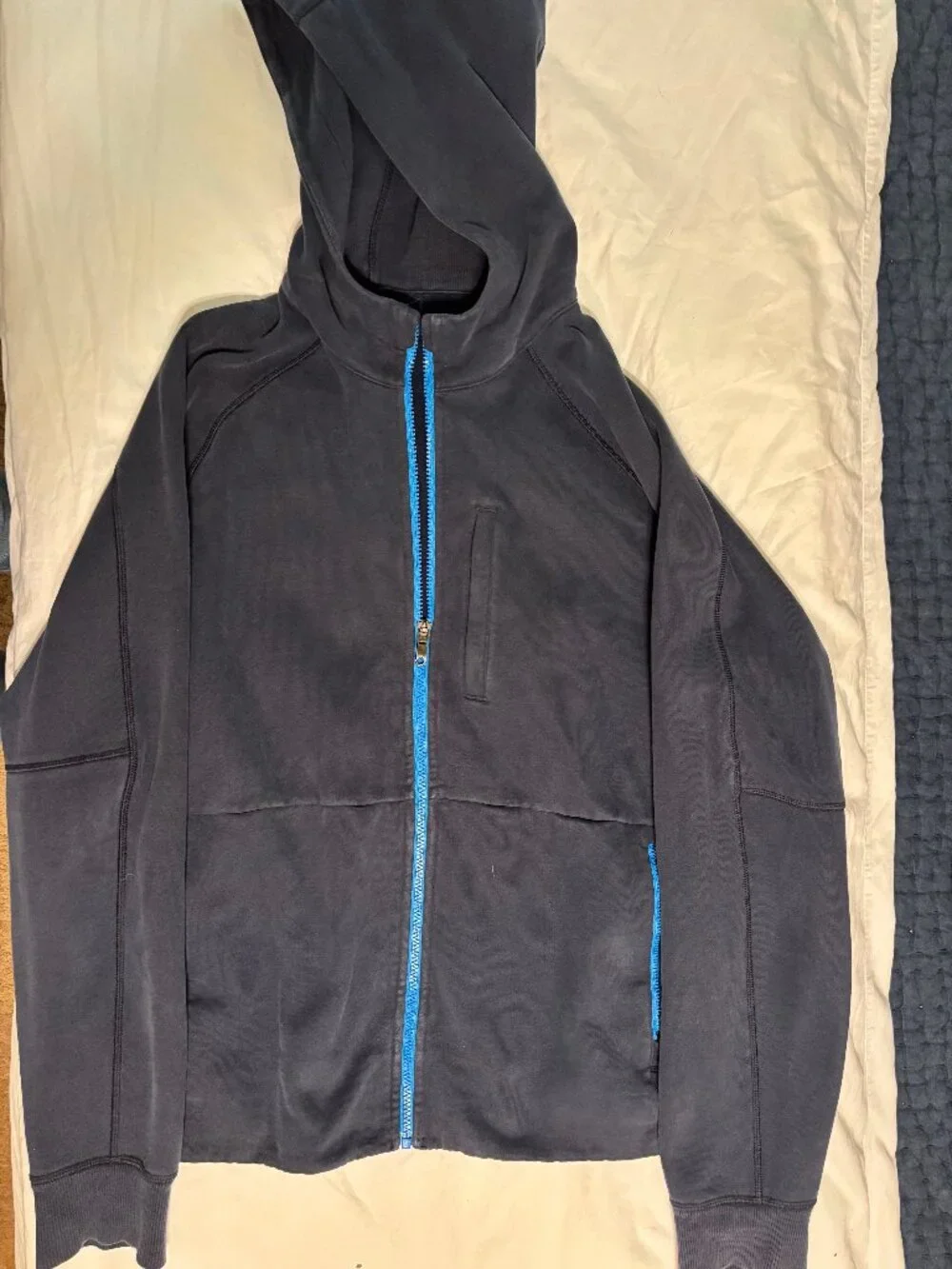 Lululemon Men's Full Zip Hoodie - Navy Blue with Blue Zipper - Size L